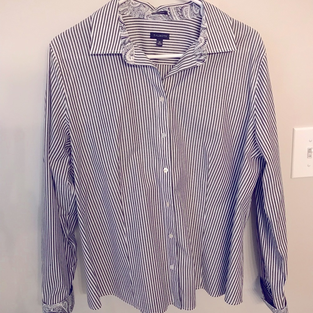 No iron Talbots shirt white with black stripes